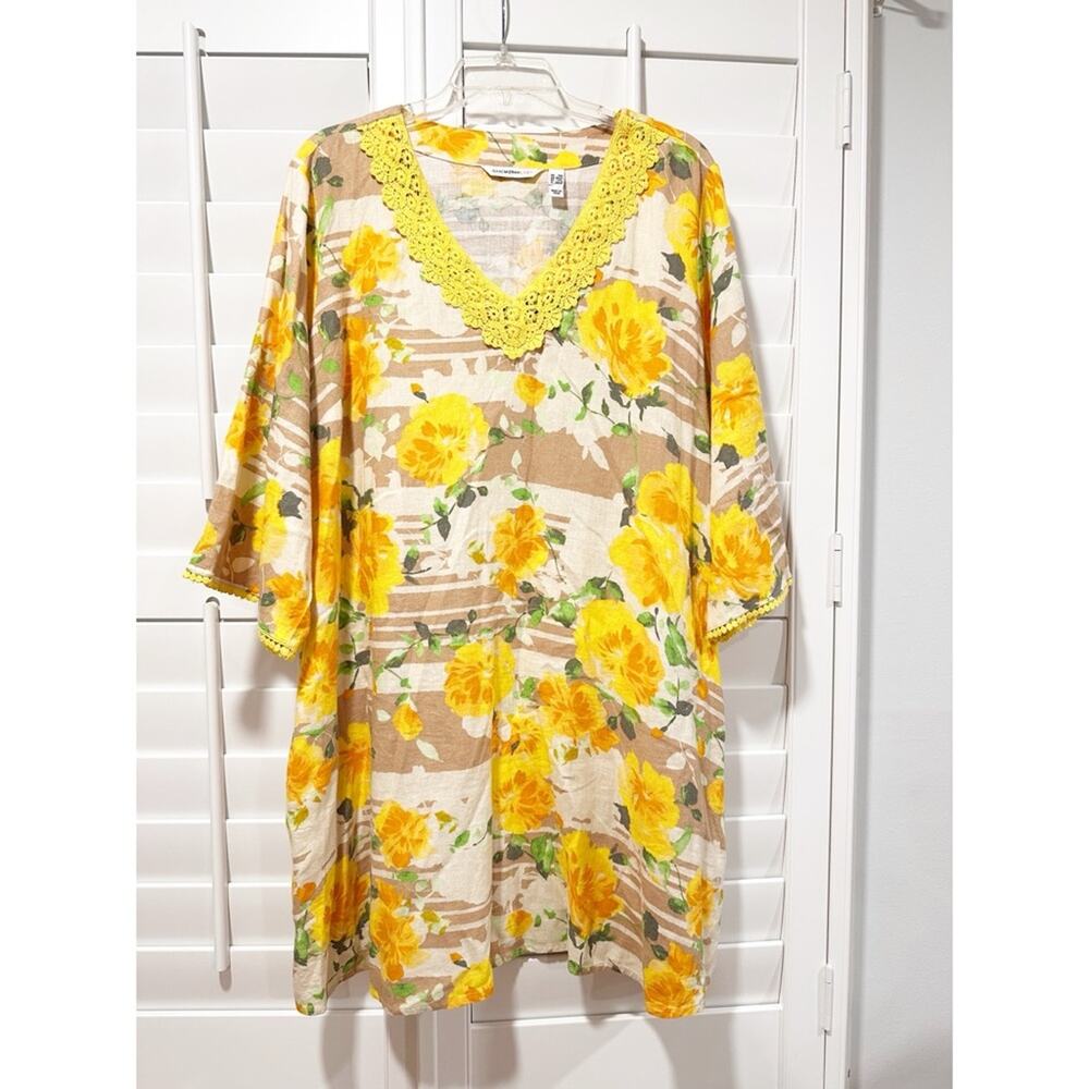 Isaac Mizrahi Live Floral Tunic Top Mini Dress Yellow Linen Flax 1XP Cottagecore